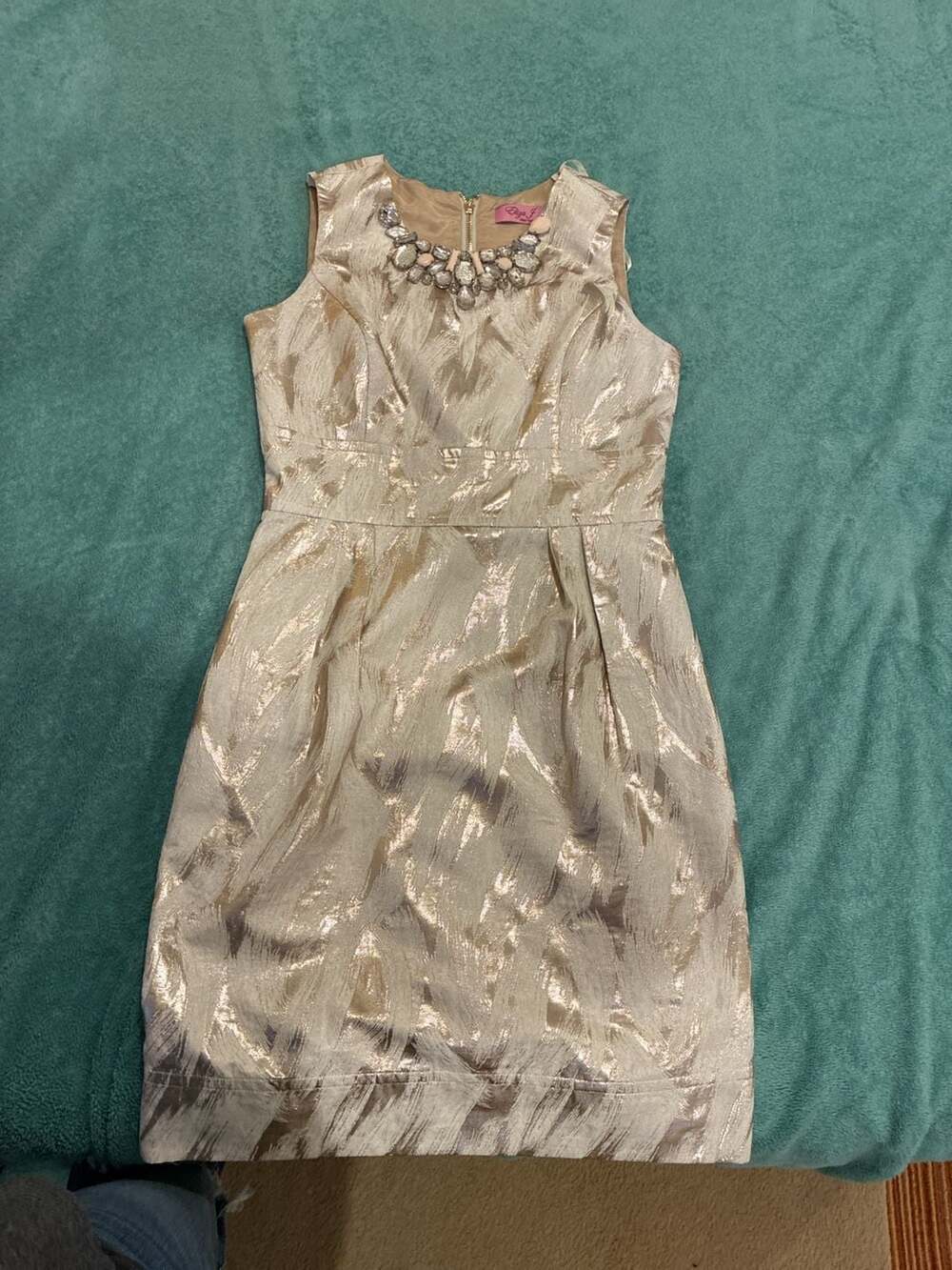Eliza J White Metallic Pleated Jaquard Dress
